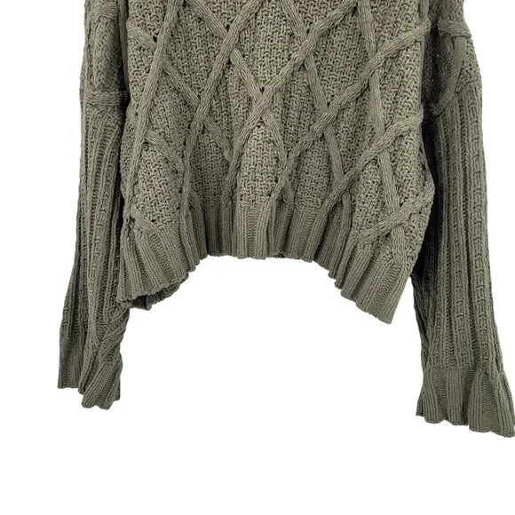 Arizona Jean Chunky Cable Knit Cropped Sweater‎ Sz XXL Olive Green Diamond Boho - Picture 7 of 9